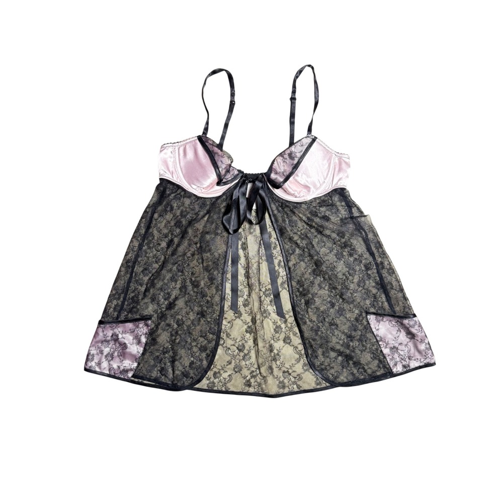 Victorias Secret Black Pink Floral Lace Babydoll Lingerie